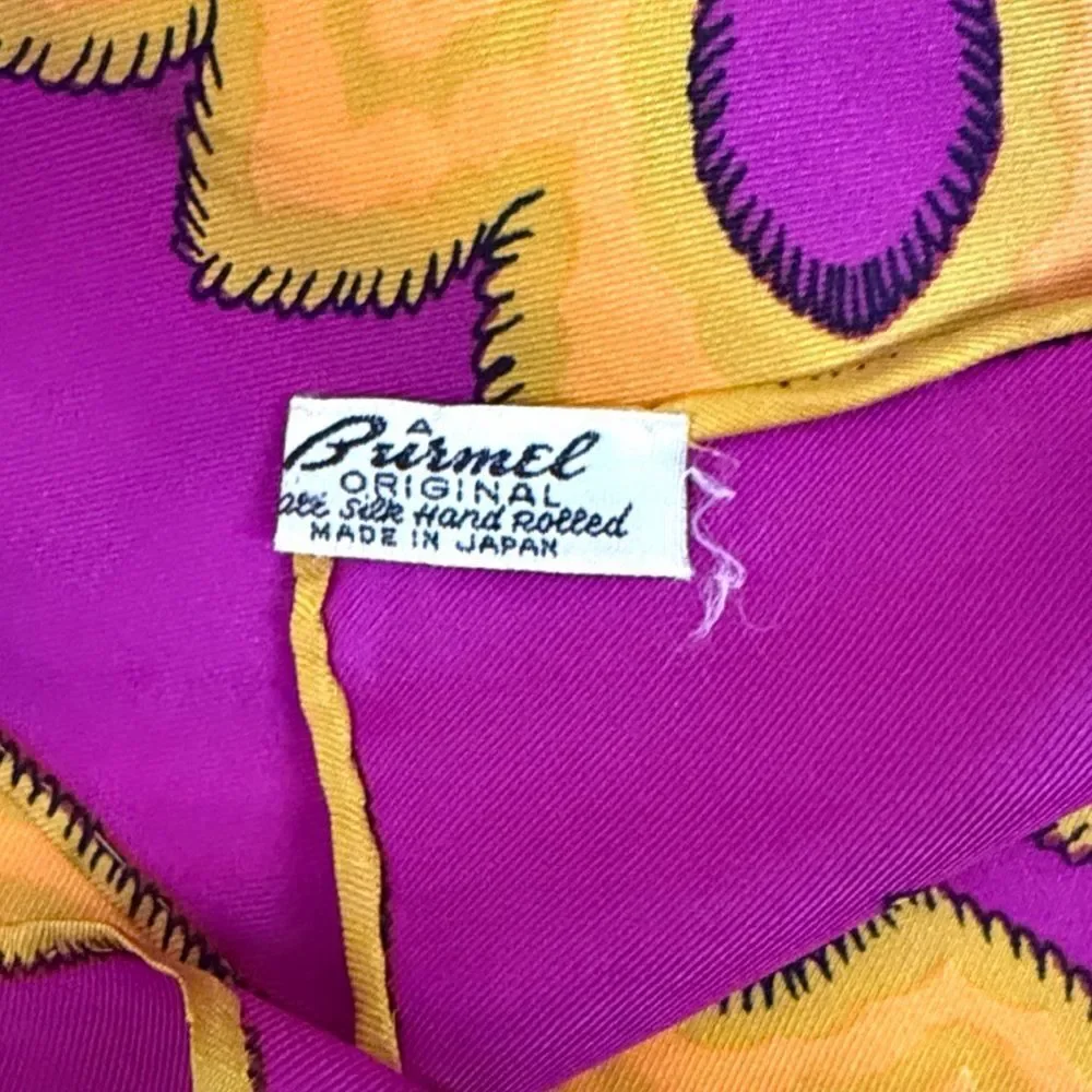 Burmel Twill Silk Scarf Fuchsia Yellow Moroccan-style Pattern Hand Rolled Japan